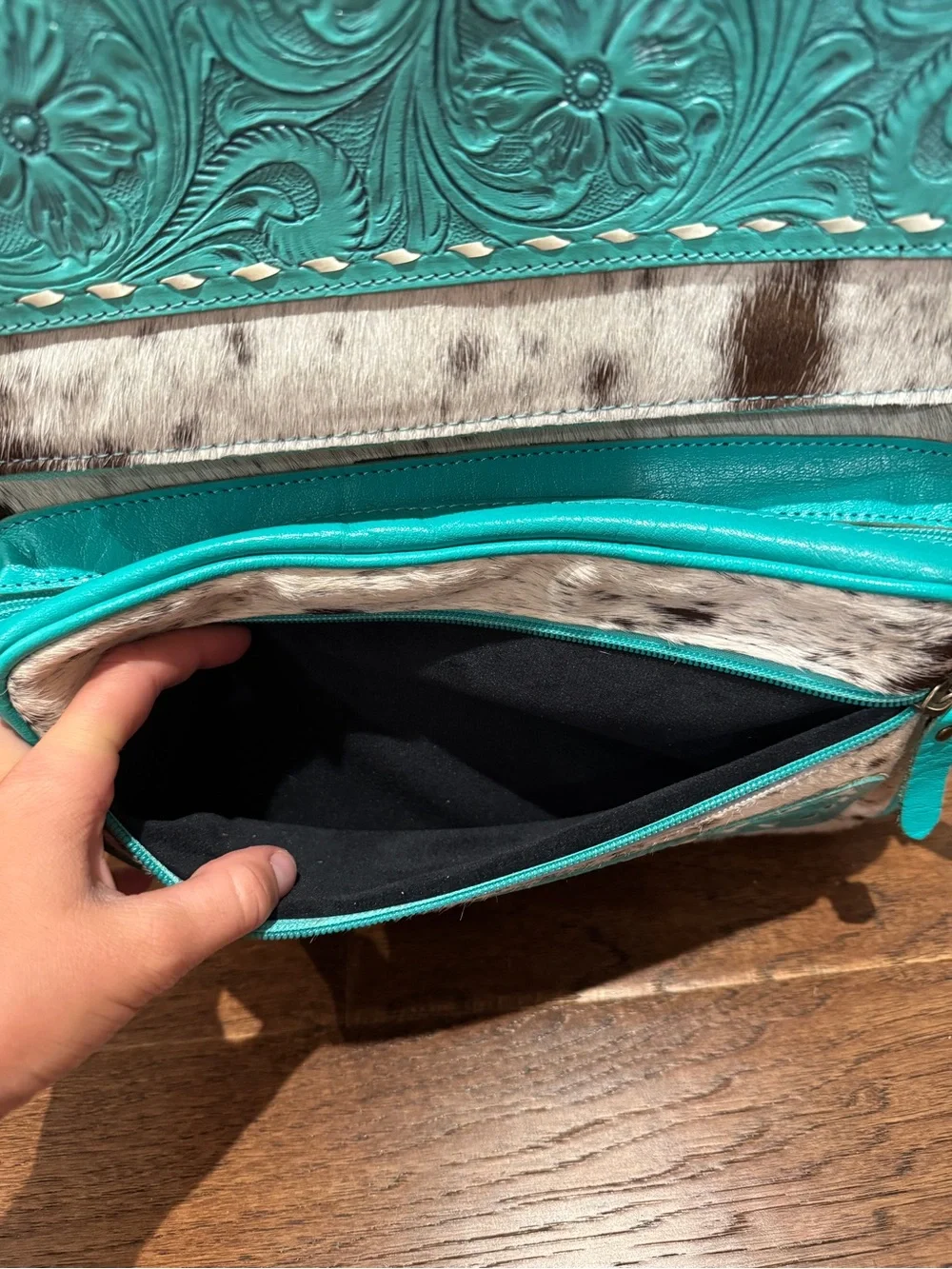 Western Linens Turquoise Cowhide Tooled Leather Backpack NWOT